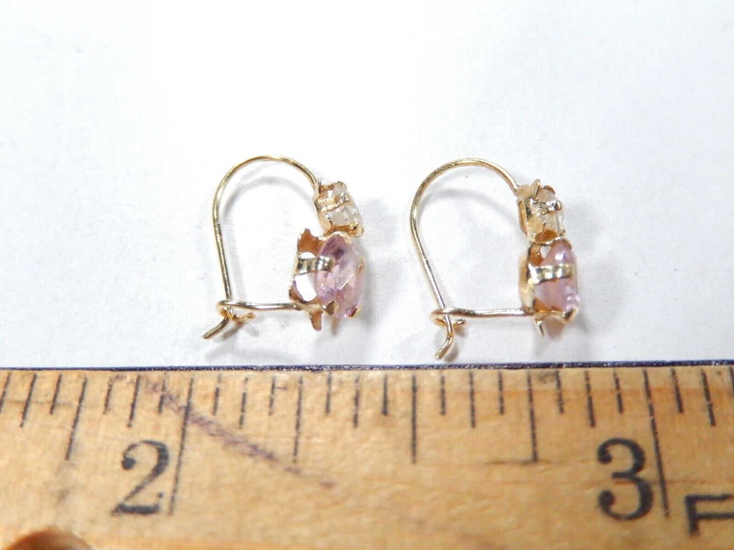 14K Yellow Gold Created Pink & White Sapphire Stone Hook Earrings