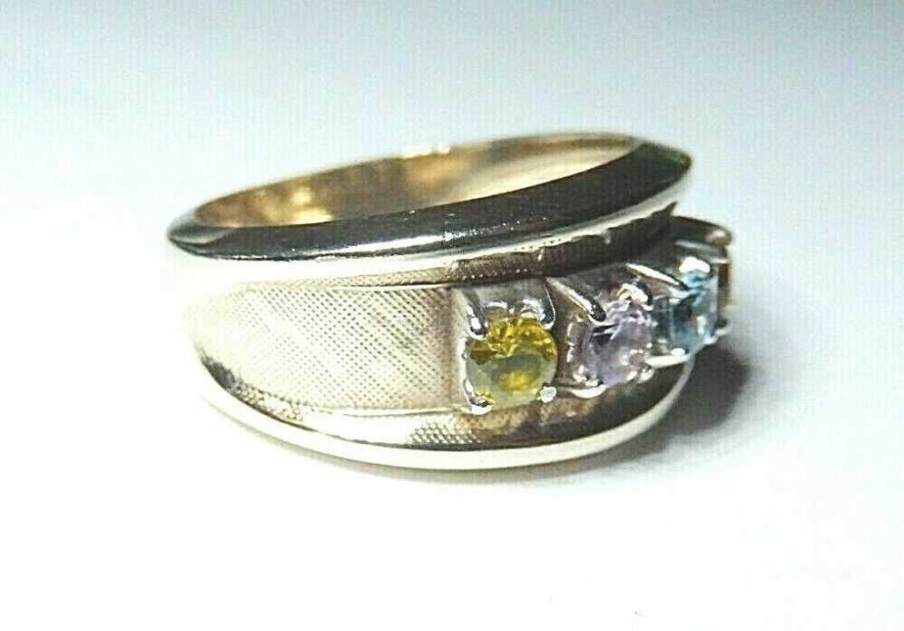 *VINTAGE* 10k Yellow Gold Four Gem Stone 10mm Wide Ring Band Size 6.75
