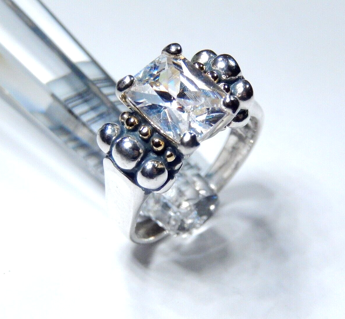 STERLING SILVER 2.50CT  EMERALD CUT CZ ARTISIAN BEAD BAND SOLITAIRE RING Sz 6.25