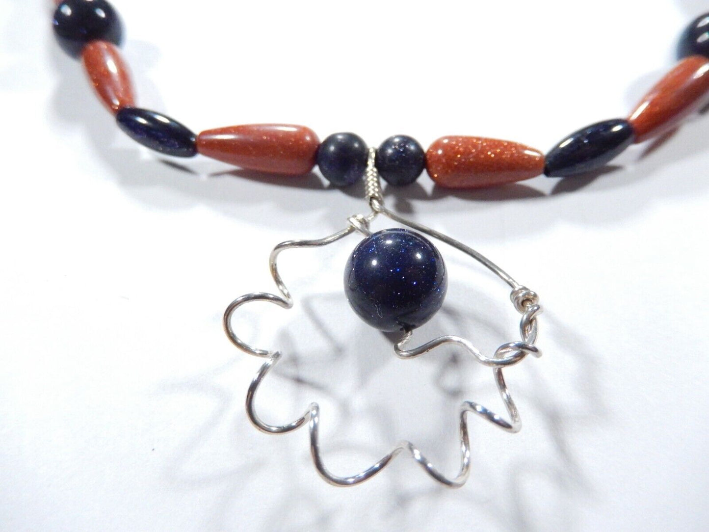 *VINTAGE*   16" Goldstone Bead Necklace With Sterling Silver Pendant & Clasp