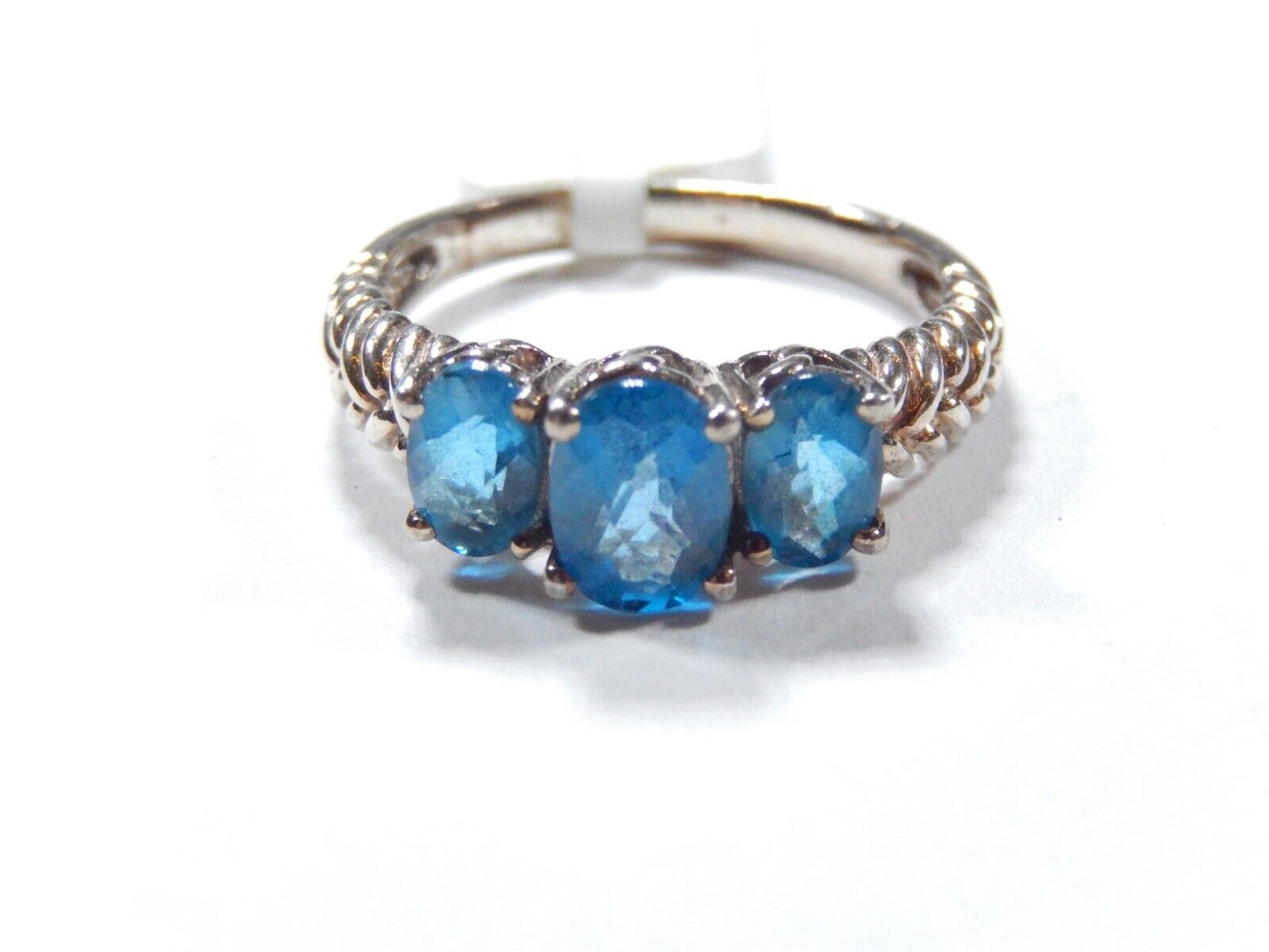 *VINTAGE* Sterling Silver 3 Stone Oval 1.75CT London Blue Topaz Ornate Ring Sz 7