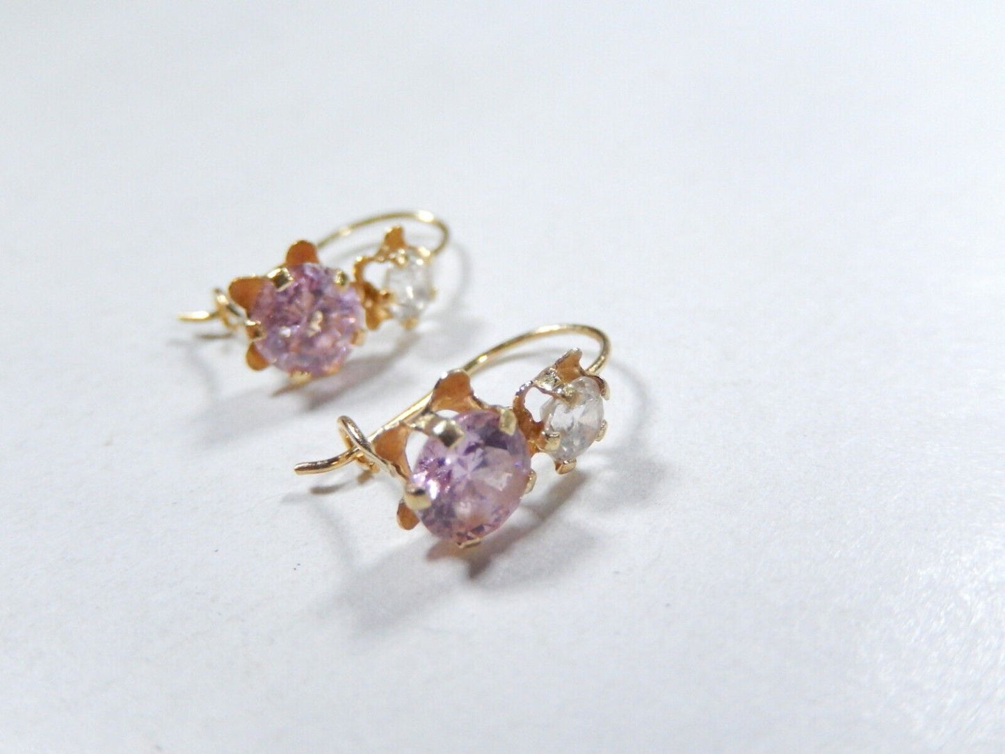 14K Yellow Gold Created Pink & White Sapphire Stone Hook Earrings