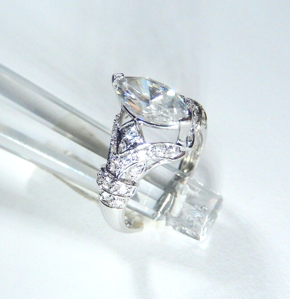 SOLID 14K White Gold 2.00 Ct Marquise / Rnd  CZ Wedding Engagement Ring Sz 7.25