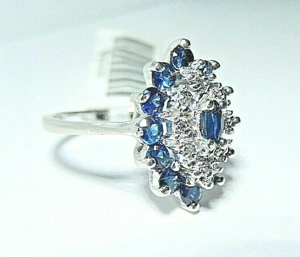 *NWT* 14k White Gold Marquise Shape Sapphire & Diamond Fancy Ring Sz 6.25