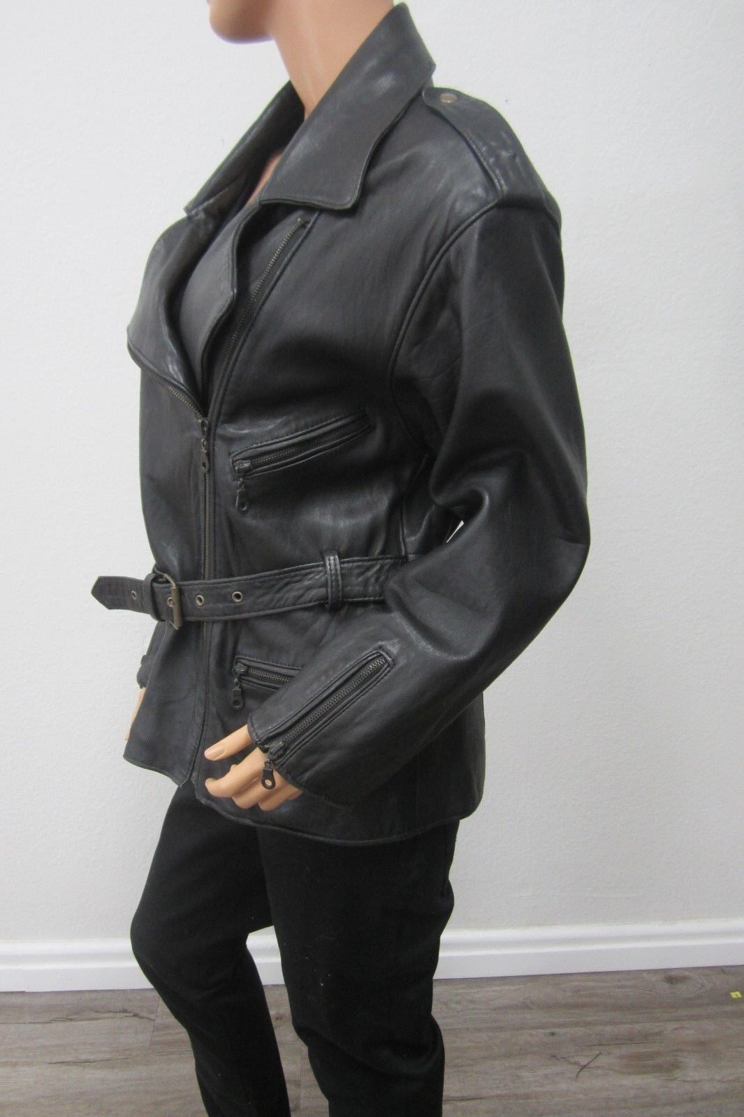 *VINTAGE* Mint JF Collection  Biker Heavy Black LeatherJacket Zip Sleeves M