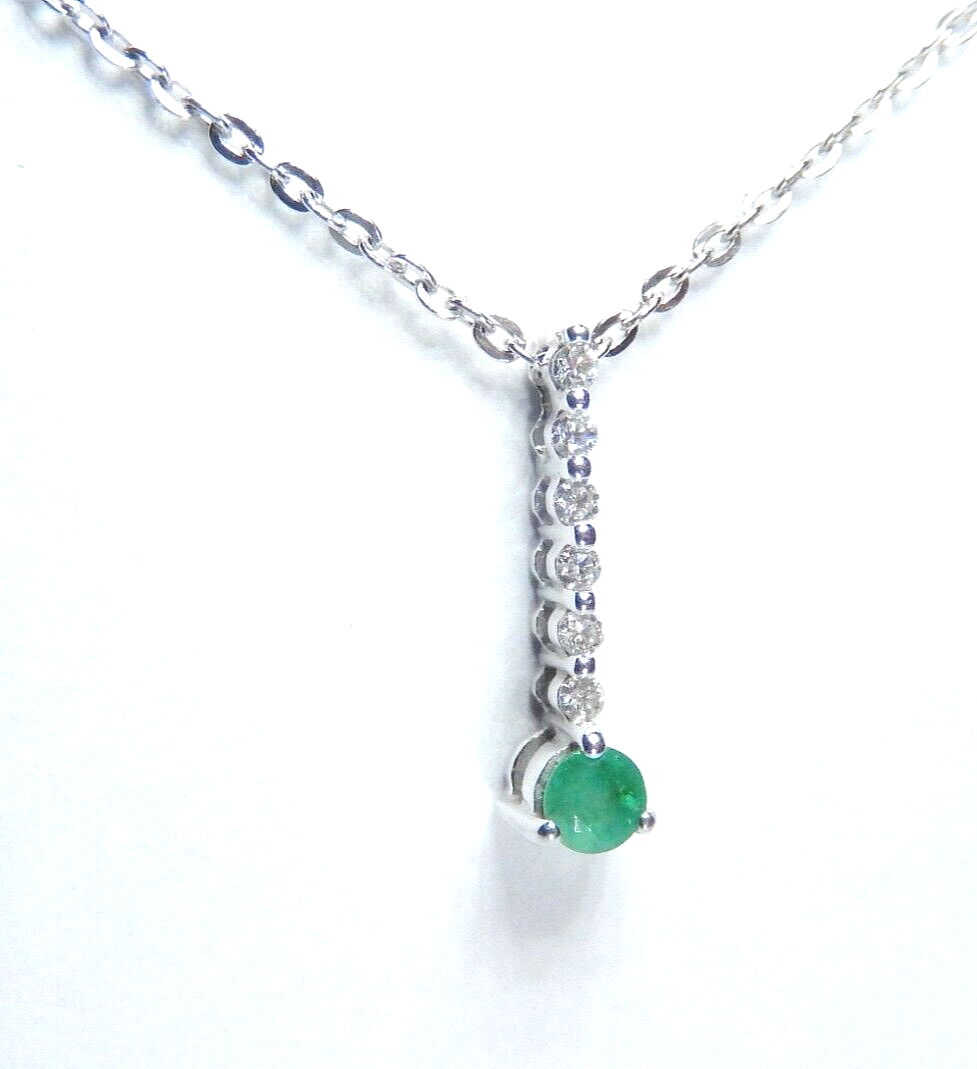 14K White Gold Natural Green Emerald & Diamond Pendant Necklace 18"