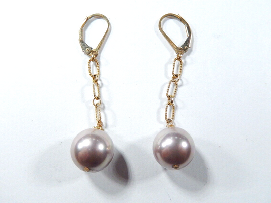 14/20th Kt Gold Filled  Faux 12mm Pearl Earrings Lever Back Dangles