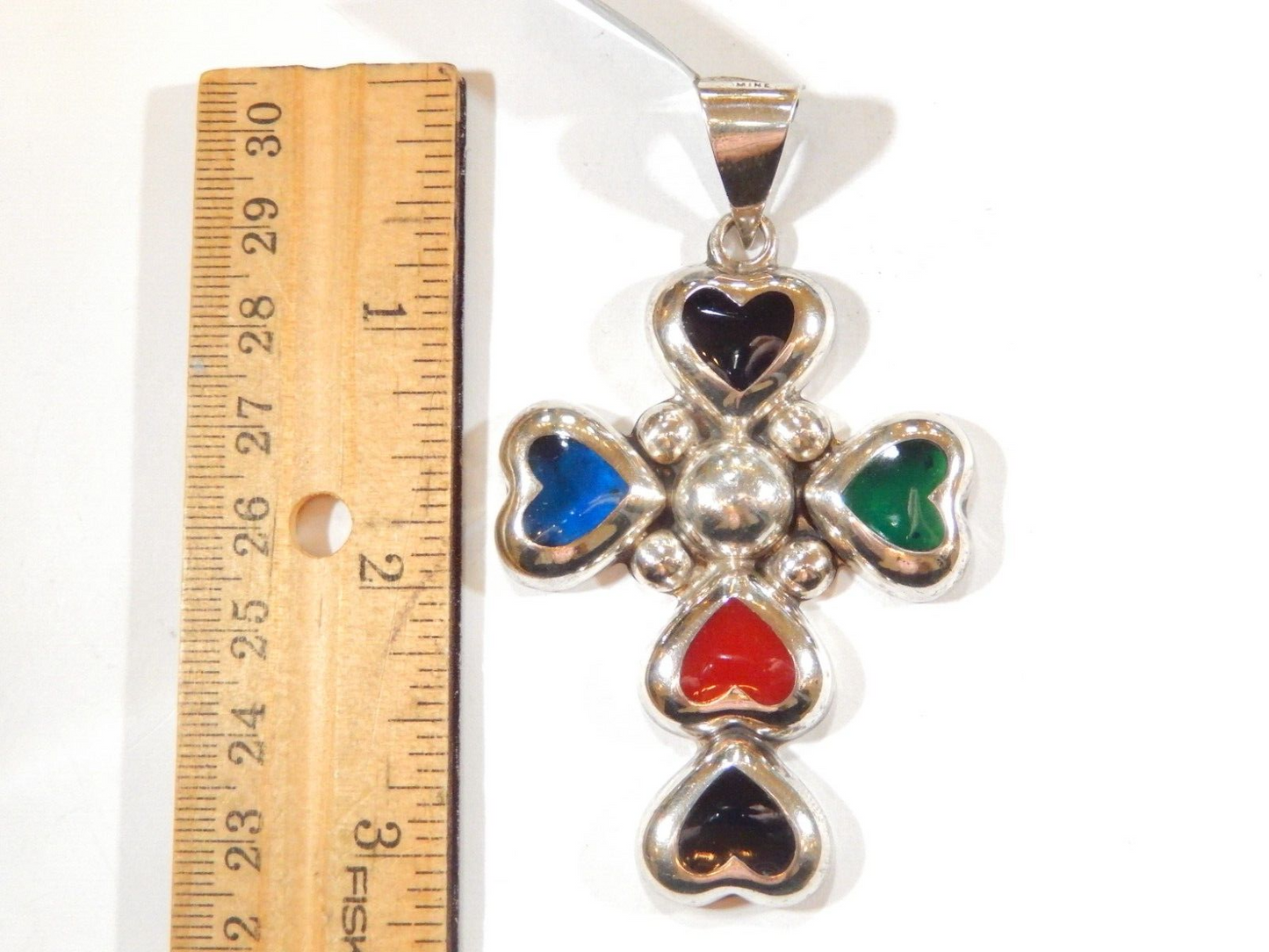 *VINTAGE*  LARGE "Silver Mine" Sterling Silver Enamel Heart Cross Pendant 3.25"