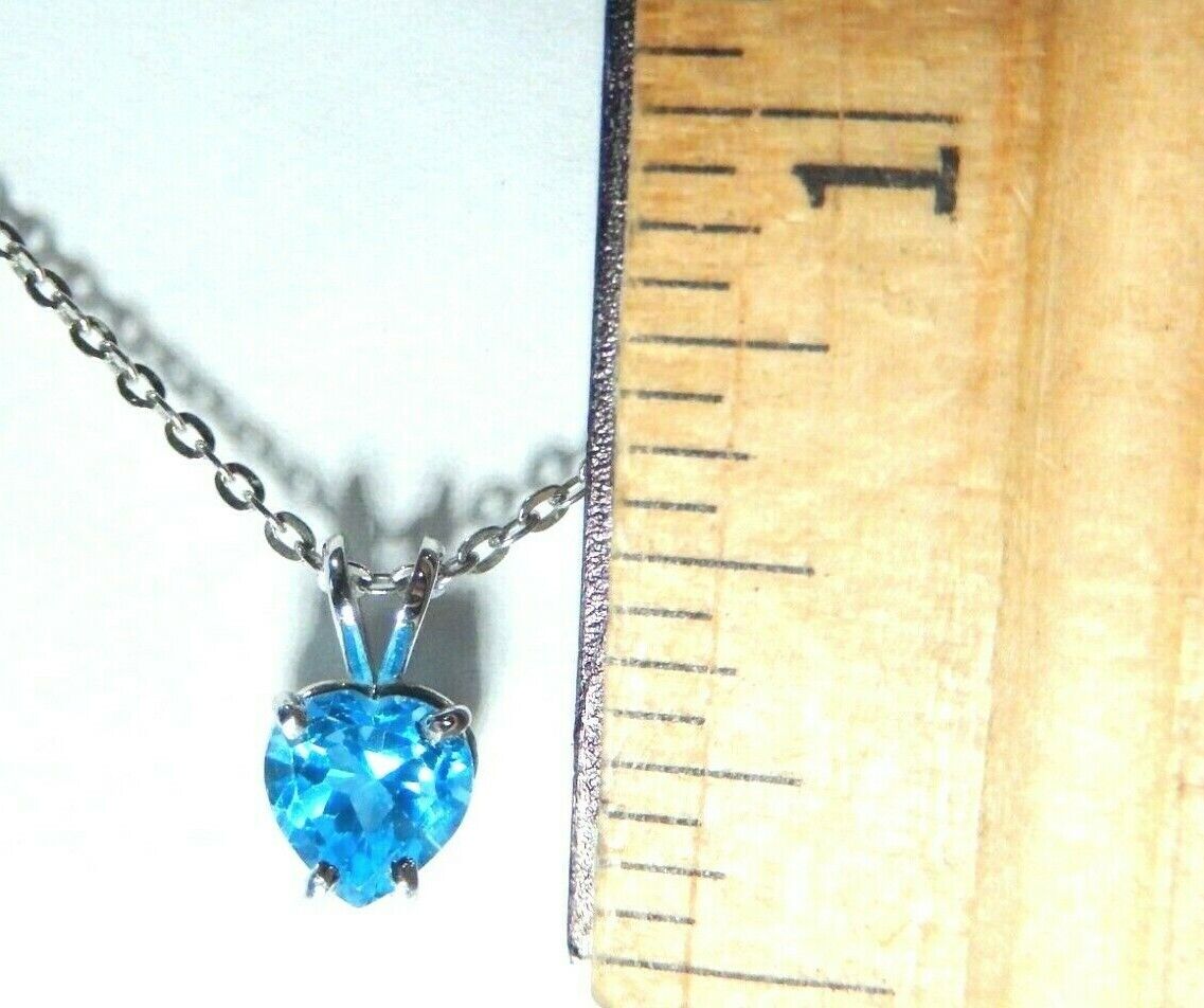 *NWT*  14K White Gold 1.00 Carat Heart Blue Topaz Solitaire Pendant  w/18" Chain