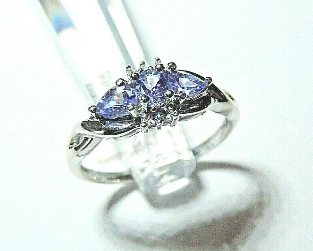 *NWT* 10k White Gold Three Stone Tanzanite And Diamond Ring Size 7.25