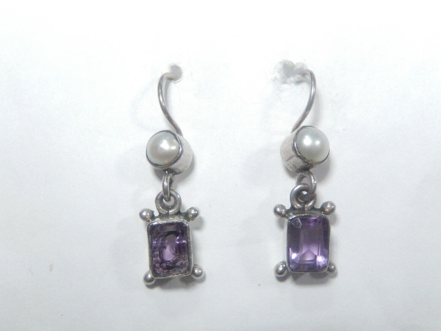 *VINTAGE*   Sterling Silver Amethyst  & Pearl Drop Dangle Earrings