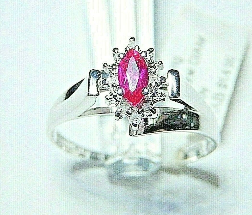 *NWT* 10K White Gold 1/3 CT Marquise Ruby & Natural Diamond  Halo Ring Sz 10.25