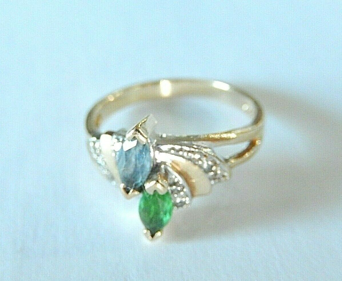 *VINTAGE* 10k Yellow Gold Marquise Blue Topaz & Emerald Ring With Diamonds 6.25