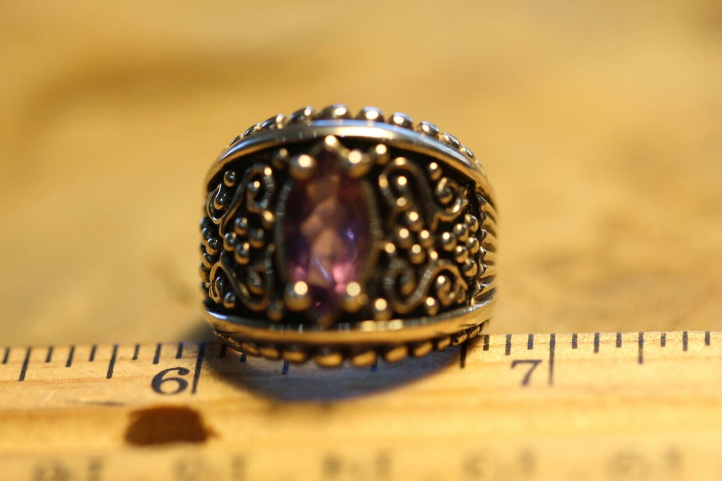 *VINTAGE*  Designer KABANA Amethyst 925 Sterling Silver Filigree Ring Size 7.5