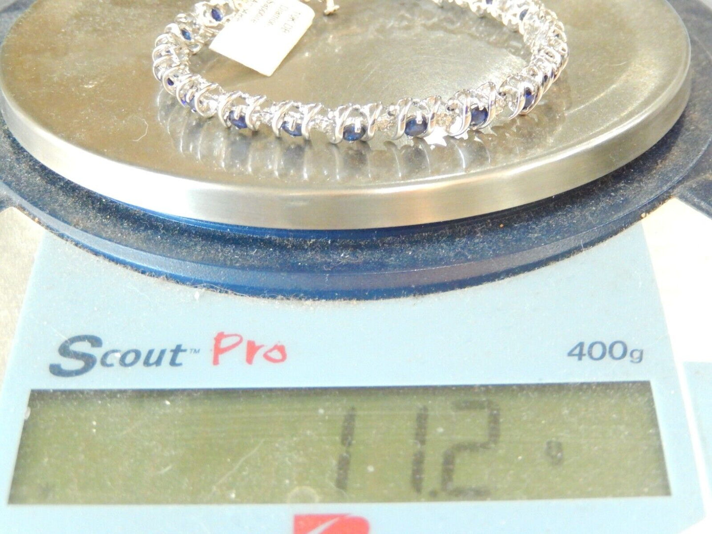 *NWT* 10K White Gold 3.50 CT  Sapphire & Diamond 7.5mm 11.2gm  "S" Bracelet 7"