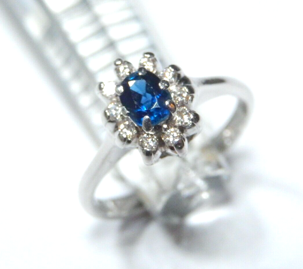 *NWT* 14K White Gold  Blue Sapphire & Diamond Halo  Engagement Ring Sz 4