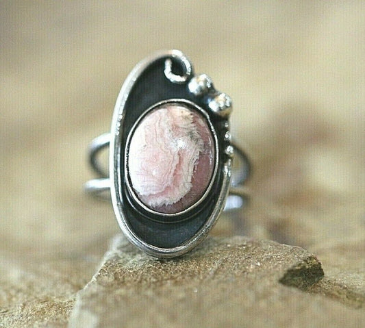 *VINTAGE*  Native American Sterling Silver Pink Rhodochrosite Ring Size 6.75