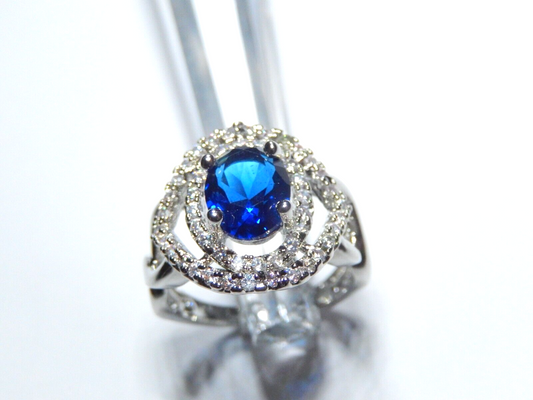 Sterling Silver Lab Created 3.00 CT Blue Sapphire and Clear CZ Ring Size 7