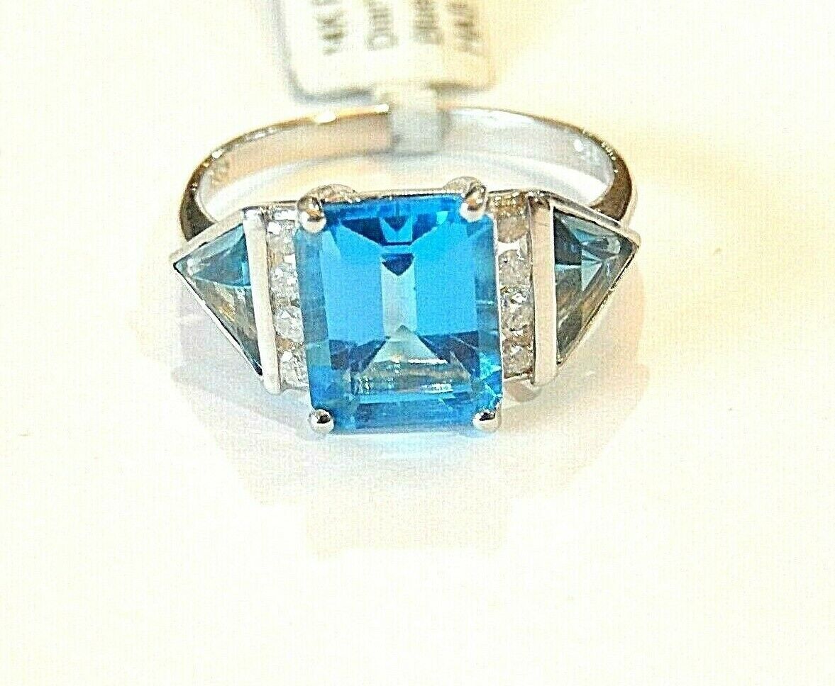 *STUNNING*  14K White Gold 4.50 Ct  Blue Topaz & Diamond 3 Stone  Ring Sz 9.5