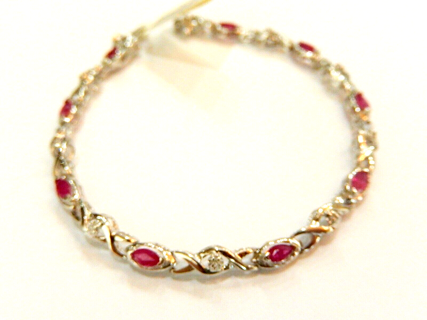 *NWT* 10k White Gold Natural Marquise Shape Red Ruby & Round Diamond Bracelet 7"