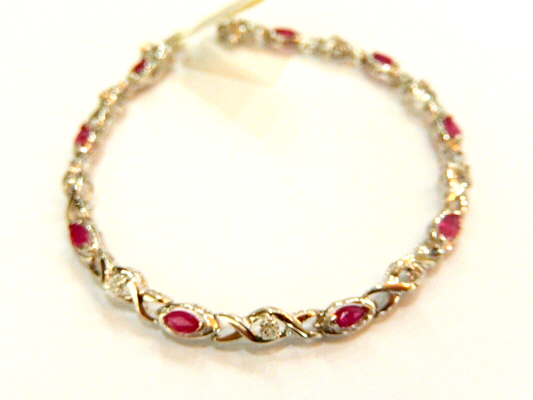 *NWT* 10k White Gold Natural Marquise Shape Red Ruby & Round Diamond Bracelet 7"