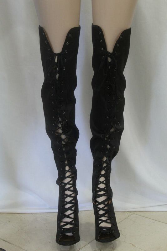 *NIB* Qupid Black  Peep toe Lace up Thigh high Boots Over the Knee Women's Shoes