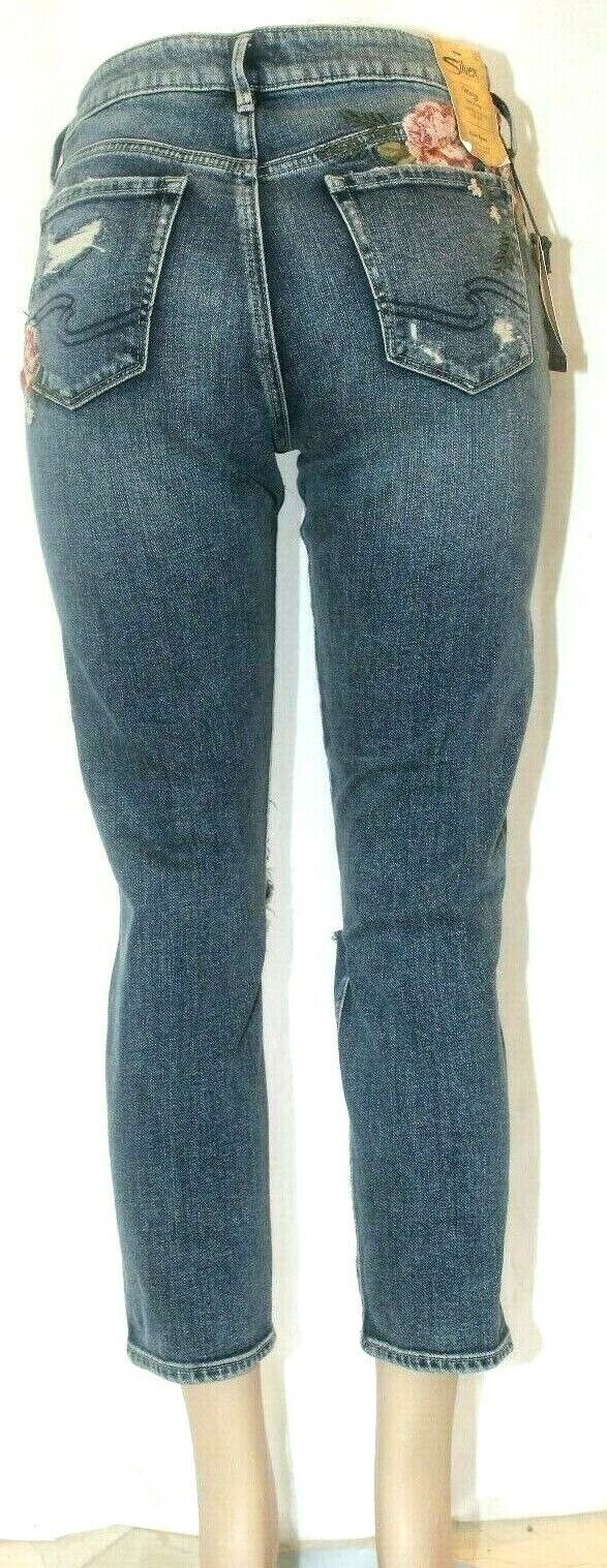 *NWT*  $89 Womens SILVER JEANS  MAZY SLIM CROP EMBROIDERED Distressed W28 x L25