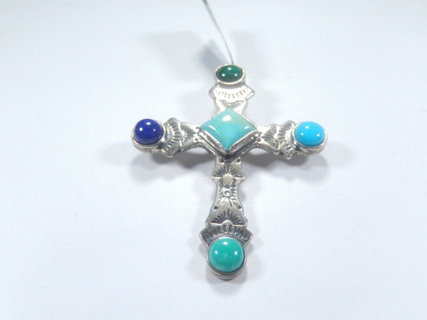 *VINTAGE*  STERLING SILVER MULTI GEMSTONE STONE CROSS PENDANT 2" x 1.5"