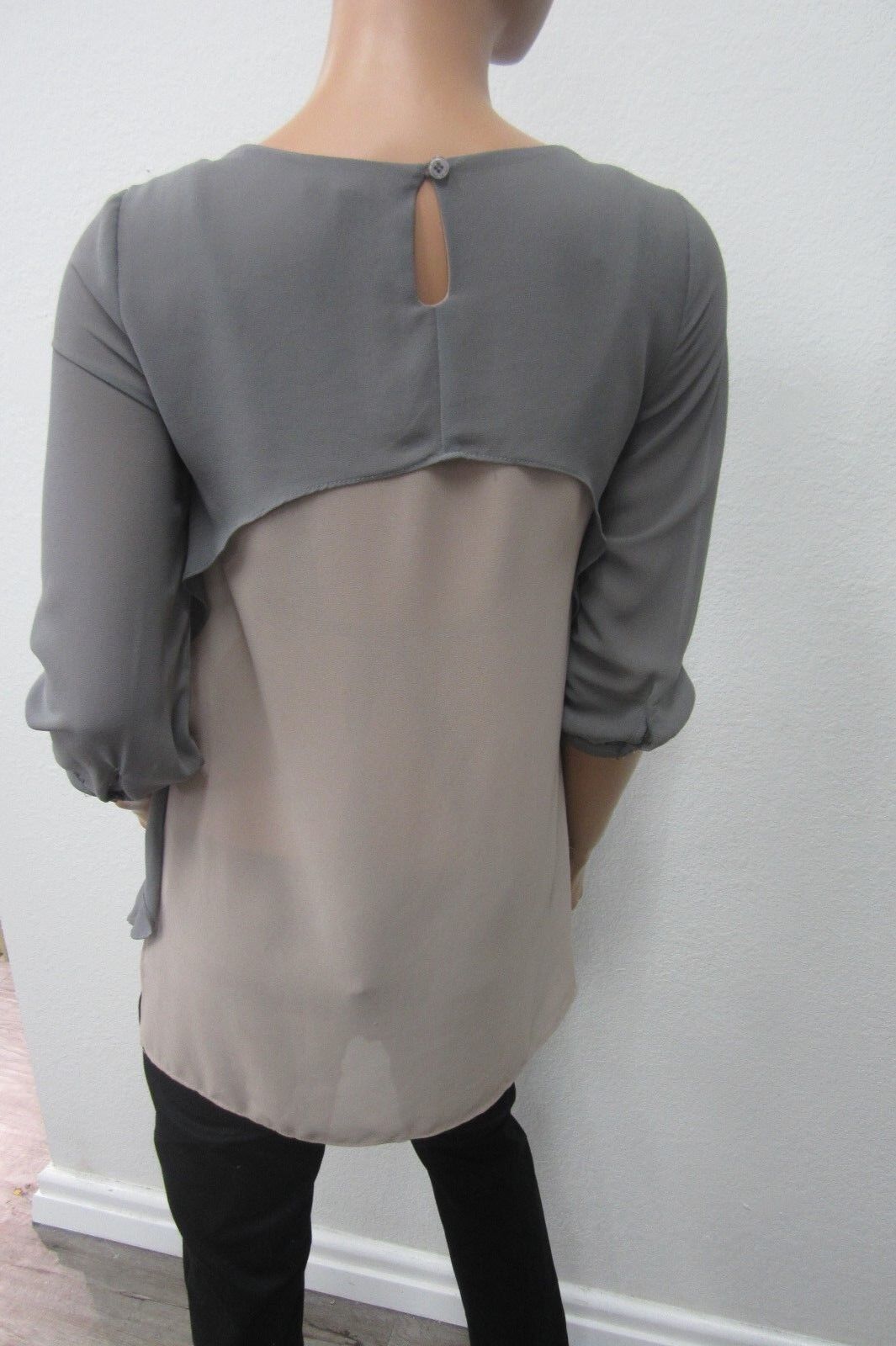 AUDREY ANN SUPER CUTE Women's Grey Sheer w/ Silver Beaded Collar Blouse Top S