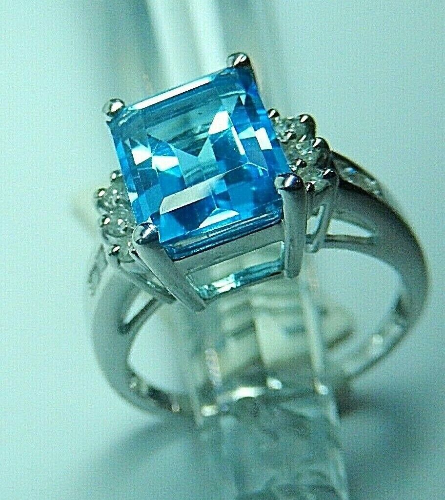 10K White Gold 3CT London Blue Topaz & 10 Natural Round Diamond Ring Sz 7.5