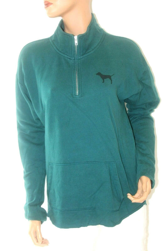 Victorias Secret Embroidered Pink 1/4 Zip Pullover Fleece Green Jacket Sz Medium