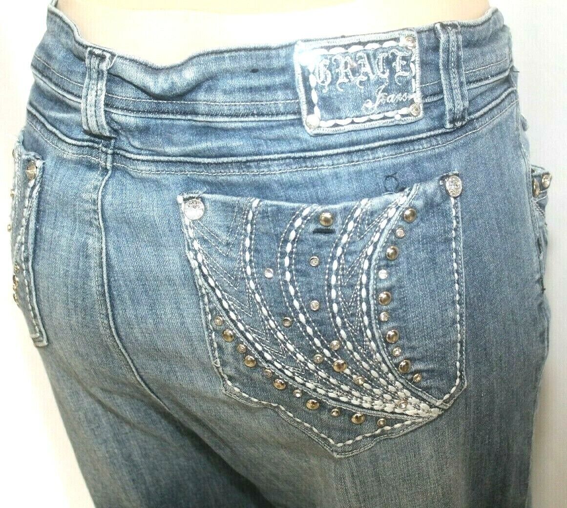 Grace In LA Jeans Womens Blue Bootcut Mid Wash Embellished Stretch Sz 3XL