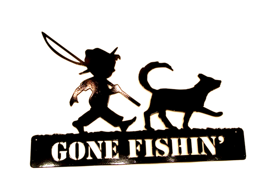 *NEW* Large 14ga.  "GONE FISHING" Boy & Dog 18" x 12" Black Metal Wall Art Decor