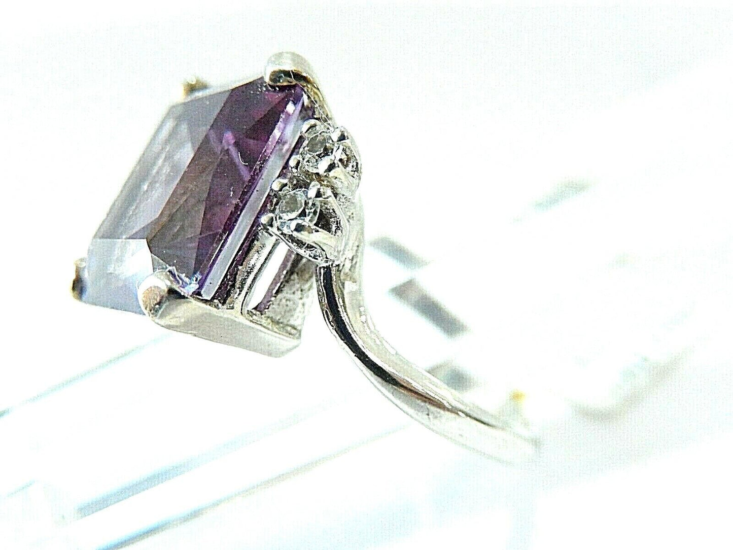 *VINTAGE* Solid 10K White Gold  5ct Amethyst & Diamonds Ladies Fine Ring Sz 7.5