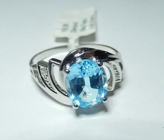 *NWT* 10K White Gold 2.00ct Blue Topaz & Diamond Solitaire Ring 8.25