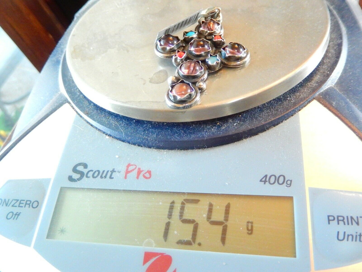 *VINTAGE*  LARGE Taxco Mexico Sterling Silver Multi Gem Cross Pendant Signed