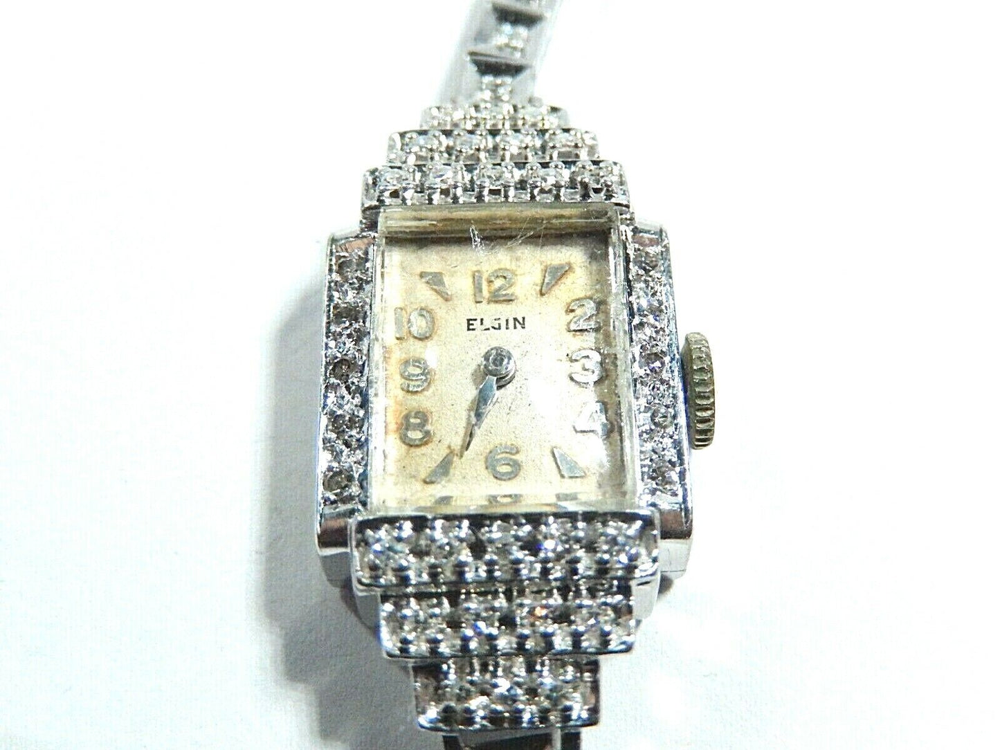 *VINTAGE* ELGIN Ladies 14K White Gold 70 Diamond Wristwatch W/Diamond 14K Band