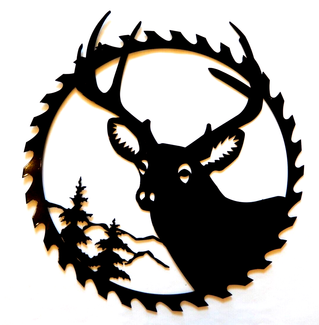 ~NEW~ 14ga. LARGE "DEER WITH ANTLERS SAWBLADE SCENE" Black Metal Wall Art -20"