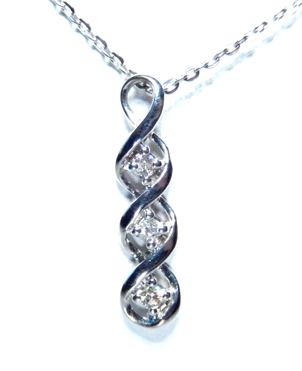 10K White Gold  Three Stone Diamond Necklace Past Present Future Pendant 18" Cha