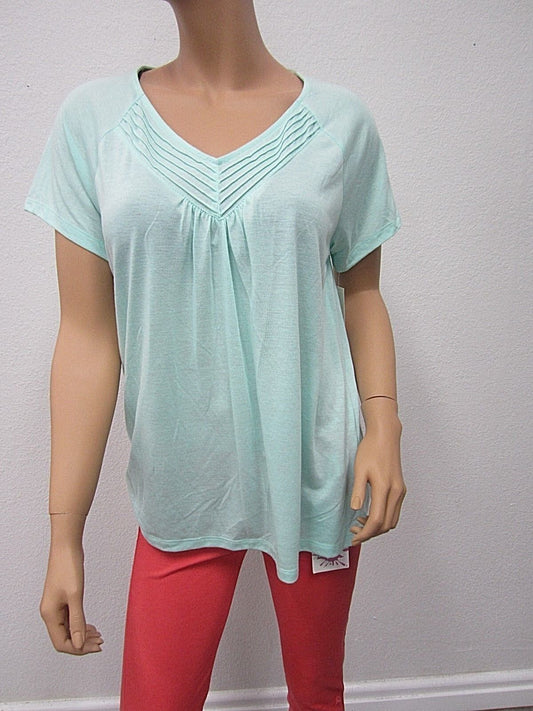 NWT Jaclyn Smith Light Green V Neck Short Sleeve Blouse Cotton Nice Design SZ LG