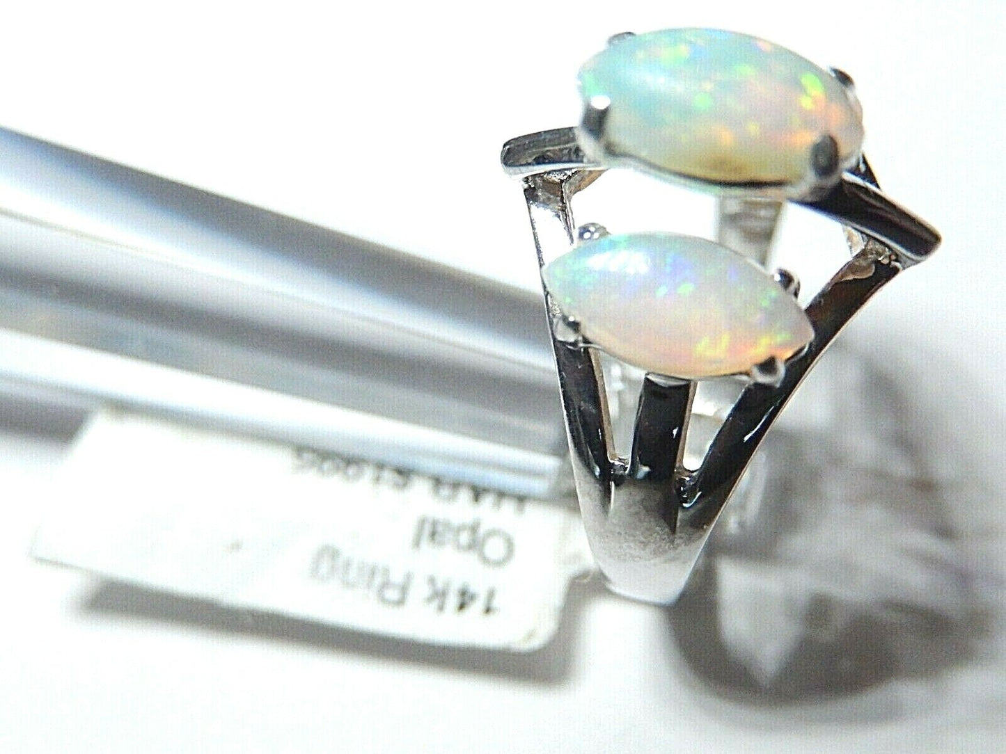 *NWT* 14K White Gold 1.50CT Navette Cut Natural Opal Three Stone Ring Size 7