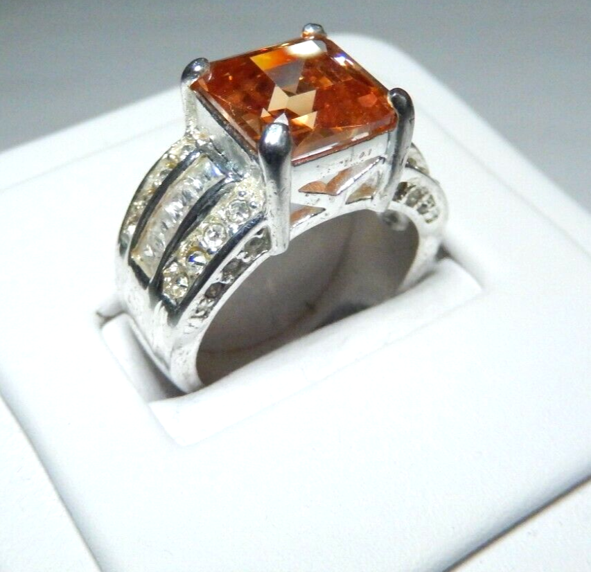 *VINTAGE*  Sterling Silver 5.0 CT Citrine  and CZ Ring  Size 8