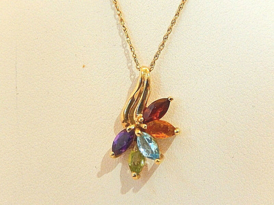 *VINTAGE* 10k Yellow Gold Multi Gem Free Form Cluster Pendant w/14K 18" Chain