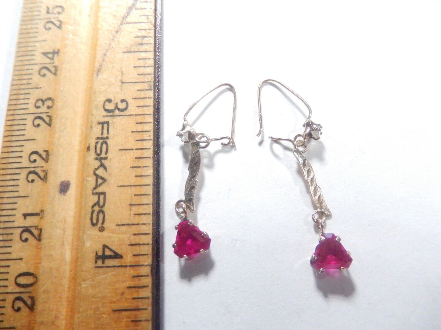 *VINTAGE*  8k Yellow Gold Dangle Trillion Lab Created Ruby Earrings