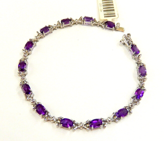 *NWT* 14K White Gold 7.0 CT Natural Oval Cut Amethyst Fancy Link 7" Bracelet