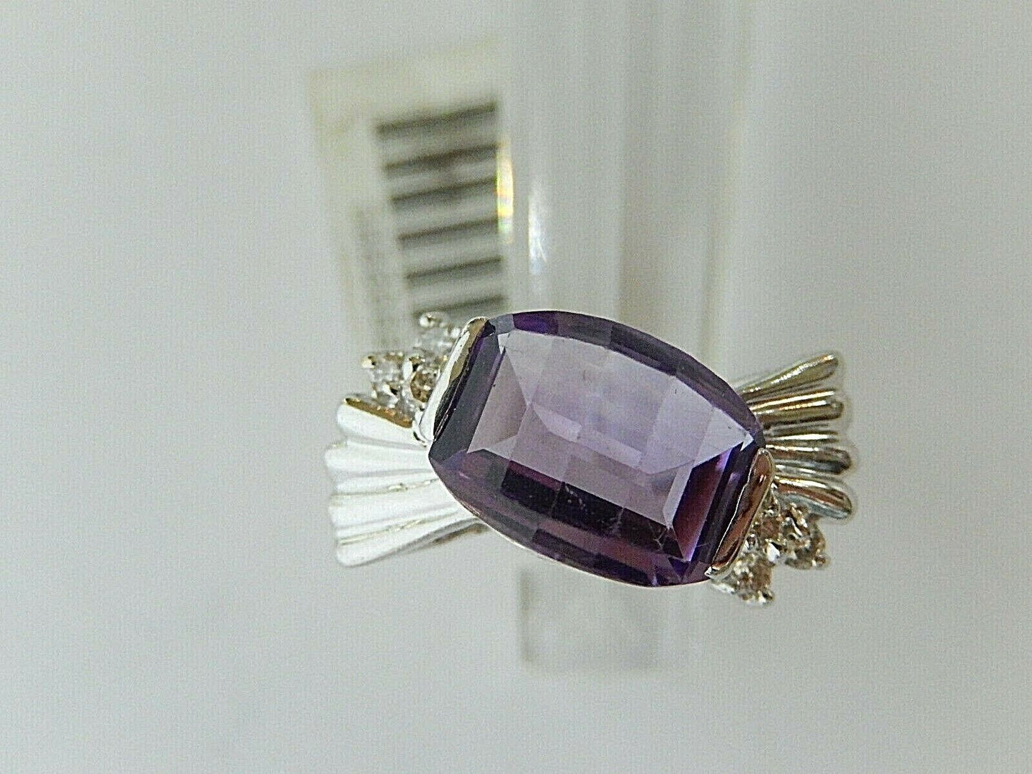 *VINTAGE* 14k White Gold Fancy Cut Amethyst Bezel Set Diamond Ring Sz 8.25