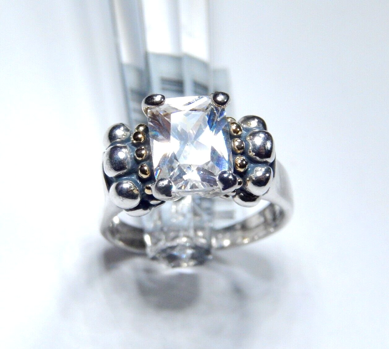STERLING SILVER 2.50CT  EMERALD CUT CZ ARTISIAN BEAD BAND SOLITAIRE RING Sz 6.25