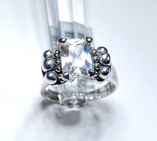 STERLING SILVER 2.50CT  EMERALD CUT CZ ARTISIAN BEAD BAND SOLITAIRE RING Sz 6.25