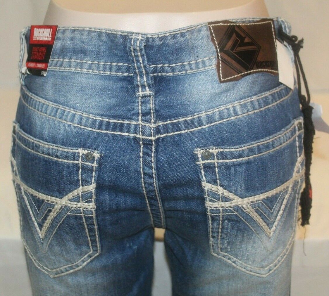 *NWT* Rock Roll Denim Mens Relaxed Fit Double Barrel Straight Leg Mid Wash 31x34