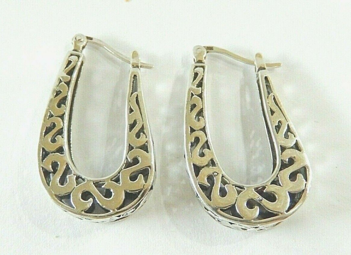 *VINTAGE*  Thick Sterling Silver  Filigree Very Nice Hoop Earrings 1.25" x 3/4"